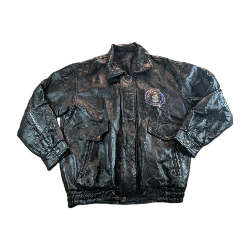 Vintage Genuine Leather Bomber Jacket Large Black United States Air Force Patch